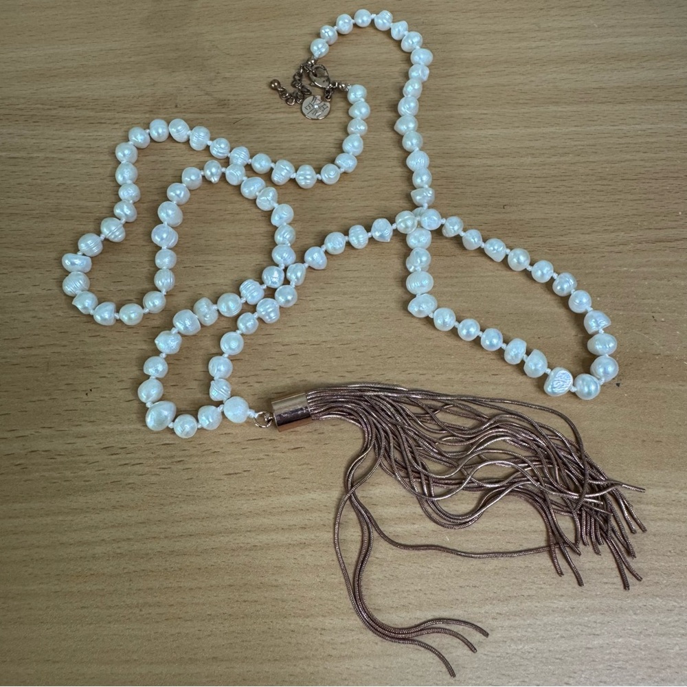 White House Black Market Pearl Bead Necklace with Taupe/Brown Tassel - Picture 6 of 7